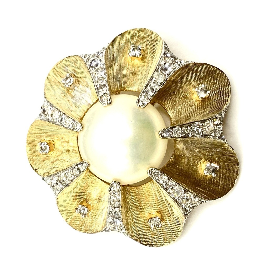 Rare Vintage Jomaz Brooch Earrings Set Gold Tone Crystal Faux Pearl Floral Clip - Picture 3 of 9